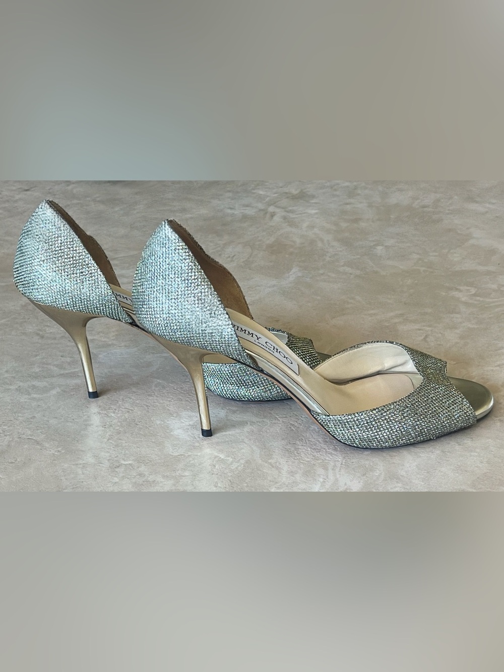 Jimmy Choo Gold Metallic Glitter Fabric Peep Toe Pumps D’Orsay Heels Size 38.5